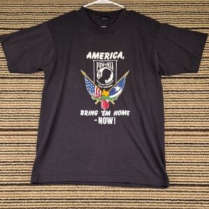POW MIA Bring Em Home Now Single Stitch Black Cotton Blend Sz L T Shirt 90s VTG